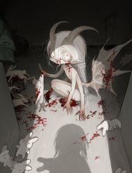 Rule 34 | 1girl, animal, artist name, blood, blood on face, blood on hands, blood splatter, bloody wings, colored skin, completely nude, dead animal, demon girl, demon horns, demon wings, extra arms, flat chest, full body, hair between eyes, highres, holding, horns, indoors, ishida umi, long hair, looking at viewer, monster girl, nude, original, out of frame, pointy ears, rabbit, single tear, solo focus, squatting, stuffed animal, stuffed rabbit, stuffed toy, veins, very long hair, watermark, white eyes, white hair, white skin, wings