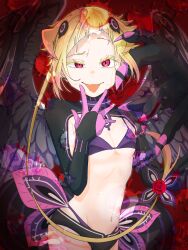 1girl absurdres bikini black_shorts black_wings blonde_hair breasts capella_emerada_lugnica claws cleavage elbow_gloves feathered_wings gloves groin hair_ornament highleg highleg_panties highres micro_shorts navel panties pekebatu re:zero_kara_hajimeru_isekai_seikatsu red_eyes short_hair shorts sidelocks small_breasts smile stomach swimsuit thighs tongue tongue_out underwear wings