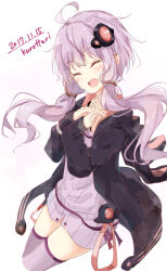 Rule 34 | 1girl, :d, artist name, black jacket, closed eyes, dated, dress, full body, hands up, hood, hooded jacket, jacket, light blush, long hair, open clothes, open jacket, open mouth, pink dress, purple hair, purple thighhighs, shiina kuro, simple background, smile, solo, thighhighs, voiceroid, white background, yuzuki yukari