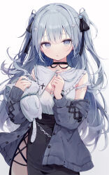Rule 34 | 1girl, absurdres, bare shoulders, blue eyes, blue hair, breasts, choker, cleavage, closed mouth, copyright request, cowboy shot, expressionless, fusuma (ramunezake), grey jacket, hands up, highres, jacket, lace-trimmed choker, lace trim, large breasts, light blush, long hair, looking at viewer, off shoulder, open clothes, sleeves past wrists, solo, stuffed animal, stuffed toy, two side up, very long hair