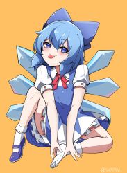 Rule 34 | 1girl, :p, absurdres, bloomers, blue bow, blue dress, blue eyes, blue footwear, blue hair, blush, bow, cirno, collared shirt, commentary, dress, hair between eyes, hair bow, highres, ice, ice wings, looking at viewer, mary janes, neck ribbon, orange background, pinafore dress, puffy sleeves, red ribbon, ribbon, shirt, shoes, short hair, simple background, single shoe, sleeveless dress, socks, solo, tongue, tongue out, touhou, twitter username, underwear, wd0706, white shirt, white socks, wing collar, wings