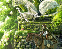 Rule 34 | 1boy, ajitsuke nori, animal, blue tunic, boots, broken egg, brown gloves, brown hair, building, cloak, day, dragon, egg, eye contact, gloves, green cloak, horse, horseback riding, looking at animal, looking at another, male focus, moss, original, outdoors, pants, pouch, profile, reins, riding, shirt, smile, sword, weapon, white pants, white shirt