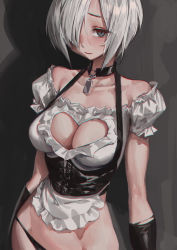 Rule 34 | 1girl, absurdres, bare shoulders, black panties, breasts, charles (106858), choker, chromatic aberration, cleavage, cleavage cutout, clothing cutout, copyright request, frills, grey hair, hair over one eye, heart cutout, highres, medium breasts, off-shoulder shirt, off shoulder, panties, shirt, short hair, solo, underwear, upper body