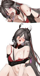 Rule 34 | 1boy, 1girl, animal ears, antlers, arknights, bare shoulders, black gloves, black hair, blush, bra, bra pull, breast press, breasts, cleavage, clothes pull, comic, condom, cum, cum on body, cum on breasts, cum on upper body, deer antlers, deer ears, deer girl, detached collar, earrings, facial, fellatio, gloves, head tilt, hetero, highres, horns, jewelry, large breasts, long hair, multiple rings, nail polish, navel, open mouth, oral, panties, partially fingerless gloves, pulled by self, qiubai (arknights), red bra, red eyes, red nails, red panties, ring, sawaki ken, sitting, tongue, tongue out, underwear, underwear only, undressing, used condom, very long hair