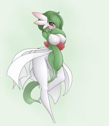 Rule 34 | 1girl, arched back, blush, breasts, covered erect nipples, covering own mouth, creatures (company), female focus, full body, game freak, gardevoir, gen 3 pokemon, green background, green hair, hair over one eye, hand on own chest, hand to own mouth, hand up, highres, large breasts, legs apart, limebreaker, looking at viewer, looking to the side, nintendo, pokemon, pokemon (creature), pokemon rse, red eyes, short hair, simple background, solo, standing, standing on one leg