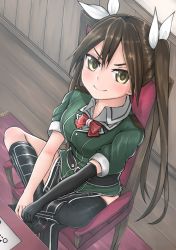 Rule 34 | &gt;:), 10s, 1girl, asymmetrical legwear, black footwear, boots, bow, bowtie, breasts, brown eyes, brown hair, chair, crossed legs, desk, dress, elbow gloves, from above, gloves, hair between eyes, hair ribbon, indoors, kantai collection, knee boots, long hair, looking at viewer, looking up, medium breasts, pelvic curtain, ribbon, short dress, short sleeves, single elbow glove, single thighhigh, sitting, smug, solo, thighhighs, tiemu (man190), tone (kancolle), tone kai ni (kancolle), twintails, uneven legwear, v-shaped eyebrows, v arms, wainscoting