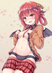 Rule 34 | 10s, 1girl, bat hair ornament, between breasts, black panties, black shirt, black wings, blush, bow, bow panties, breasts, buttons, cardigan, clothes pull, collared shirt, crying, crying with eyes open, demon horns, demon wings, fang, gabriel dropout, hair ornament, highres, horns, looking at viewer, medium breasts, milkshakework, miniskirt, navel, necktie, necktie between breasts, no bra, open clothes, open shirt, panties, red bow, red eyes, red hair, red necktie, red skirt, satanichia kurumizawa mcdowell, shirt, skirt, skirt pull, solo, tears, underwear, wavy mouth, wing collar, wings