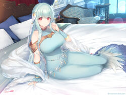 Rule 34 | 1girl, bare shoulders, bed, bed sheet, bedroom, blue dress, blue hair, bracelet, bracer, breasts, chair, dress, fire emblem, fire emblem: the blazing blade, hair ornament, hand in own hair, highres, jewelry, kashiwamochi yomogi, large breasts, legs together, light particles, long hair, looking at viewer, lying, ninian (fire emblem), nintendo, on bed, pillow, red eyes, see-through, see-through shawl, shawl, window