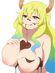Rule 34 | 1girl, :p, blonde hair, blue hair, breasts, chocolate, closed mouth, collarbone, dragon horns, felipe godoy, gradient hair, green eyes, green hair, heterochromia, highres, horns, huge breasts, inverted nipples, kobayashi-san chi no maidragon, long hair, looking at viewer, lucoa (maidragon), multicolored hair, nipples, nude, puffy nipples, purple eyes, simple background, solo, tongue, tongue out, unusual pupils, upper body, white background, yellow eyes