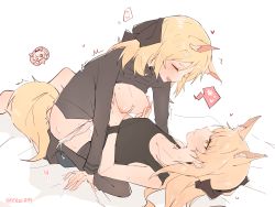 Rule 34 | 2girls, alternate costume, animal ear fluff, animal ears, arknights, aunt and niece, bed sheet, black legwear, black ribbon, black shirt, blemishine (arknights), blonde hair, blush, grabbing another&#039;s breast, breasts, clothed sex, commentary, cowgirl position, cum, closed eyes, futa with female, futanari, girl on top, grabbing, groping, hair ribbon, heart, highres, horse ears, horse girl, horse tail, incest, kyou 039, long hair, looking at another, lying, medium breasts, multiple girls, nipples, on back, open mouth, orgasm, panties, panty pull, ribbon, sex, shirt, short hair, simple background, straddling, sweat, tail, thighhighs, trembling, twitter username, underwear, whislash (arknights), white background, white panties, yellow eyes