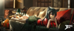 Rule 34 | 1girl, animal ears, anniversary, arknights, bare legs, barefoot, black hair, black shorts, blanket, book, bowl, breasts, closed mouth, coffee mug, commentary, copyright name, couch, cup, day, ear piercing, green necktie, highres, indoors, large breasts, light particles, long hair, looking at viewer, lying, mug, multicolored hair, necktie, no tail, official alternate costume, on couch, on stomach, orange eyes, own hands together, piercing, ponytail, red hair, red shirt, shirt, short sleeves, shorts, smile, solo, striped clothes, striped shorts, suitcase, sunlight, sword, texas (arknights), texas (willpower) (arknights), two-tone hair, vertical-striped clothes, vertical-striped shorts, weapon, wolf ears, yuuki mix