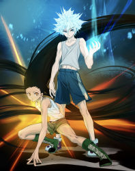 Rule 34 | 2boys, absurdres, bare arms, bare shoulders, black hair, blue eyes, blue shorts, boots, brown eyes, child, energy, expressionless, fighting stance, floating hair, full body, glowing, glowing hair, gon freecss, green footwear, green shorts, highres, huge filesize, hunter x hunter, k.g (matsumoto zo), killua zoldyck, knee boots, long hair, male focus, messy hair, midriff peek, multiple boys, serious, short hair, shorts, skinny, spiked hair, spoilers, spread legs, tank top, toned, toned male, very long hair, white hair, white tank top