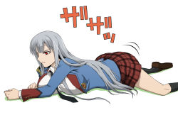 Rule 34 | 00s, 1girl, breasts, crawling, large breasts, long hair, lying, necktie, on stomach, plaid, plaid skirt, red eyes, rubbing, school uniform, selvaria bles, senjou no valkyria, senjou no valkyria (series), senjou no valkyria 1, senjou no valkyria 2, silver hair, skirt, solo, taguchi kenji (omaep)