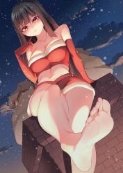 Rule 34 | 1girl, absurdres, barefoot, black hair, blush, chimney, elbow gloves, feet, gloves, highres, long hair, looking at viewer, parted lips, red eyes, sack, santa costume, sitting, snowing, soles, toes