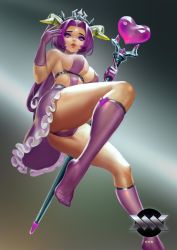 Rule 34 | 1girl, absurdres, bare shoulders, breasts, cameltoe, elbow gloves, from below, gloves, hair ornament, heart, heart-shaped pupils, heart hair ornament, highres, kww868, miniskirt, no shoes, parted lips, pink eyes, purple gloves, purple hair, purple legwear, purple skirt, sideboob, skirt, solo, staff, symbol-shaped pupils, upskirt