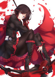 Rule 34 | 1girl, absurdres, bad id, bad pixiv id, belt, black dress, black footwear, black hair, black pantyhose, boots, breasts, cape, corset, crescent rose, cross, cross-laced footwear, dress, flower, frilled dress, frills, gradient hair, grey eyes, gun, highres, huge weapon, knee boots, lace-up boots, long sleeves, multicolored hair, numpopo, pantyhose, petals, red cape, red hair, rose, rose petals, ruby rose, rwby, scythe, short hair, smile, solo, two-tone hair, weapon