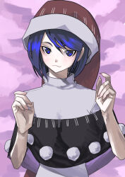 Rule 34 | 1girl, :3, absurdres, blue eyes, blue hair, capelet, commentary request, doremy sweet, fingernails, grey sweater, hair behind ear, hair between eyes, hands up, hat, highres, light blush, light smile, long hair, looking at viewer, narrow waist, nightcap, pom pom (clothes), sawa (thinking nt), sharp fingernails, solo, sweater, swept bangs, touhou, upper body