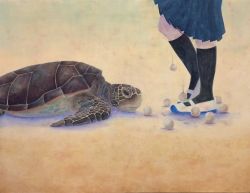 Rule 34 | 1girl, calligraphy brush (medium), egg, egg laying, highres, original, pleated skirt, school uniform, shoes, skirt, socks, tama-tsubaki, turtle