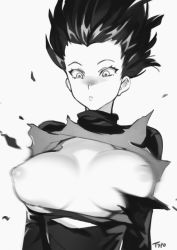 Rule 34 | 1girl, :&lt;, black dress, blush, breasts, breasts apart, commentary, curly hair, dress, english commentary, exploding clothes, floating hair, fubuki (one-punch man), greyscale, large breasts, looking down, monochrome, nipples, no bra, nose blush, one-punch man, optionaltypo, puffy nipples, short hair, solo, surprised, torn clothes, turtleneck, turtleneck dress, wardrobe malfunction
