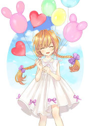 Rule 34 | 1girl, ^ ^, ^o^, balloon, bow, braid, dress, closed eyes, facing viewer, hair bow, heart, heart balloon, kuga tsukasa, long hair, orange hair, original, ribbon, smile, solo, tsukasa (breeze), twin braids
