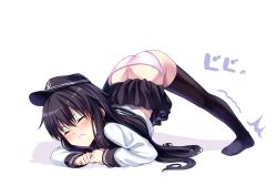 Rule 34 | 1girl, akatsuki (kancolle), arm rest, black hair, black sailor collar, black skirt, black thighhighs, commentary request, closed eyes, full body, grimace, hands on ground, highres, jack-o&#039; challenge, kantai collection, long hair, panties, pink panties, sailor collar, school uniform, serafuku, simple background, skirt, solo, spread legs, stretching, teruui, thighhighs, top-down bottom-up, underwear, white background, wide spread legs