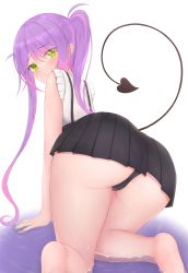 Rule 34 | 1girl, :o, all fours, ass, bare legs, barefoot, black panties, black skirt, blush, chocomaru, demon tail, frills, green eyes, hair between eyes, highres, hololive, in water, long hair, looking at viewer, looking back, open mouth, panties, pleated skirt, purple hair, shirt, short sleeves, sidelocks, simple background, skirt, soles, solo, suspender skirt, suspenders, tail, tokoyami towa, twintails, underwear, virtual youtuber, water, white background, white shirt