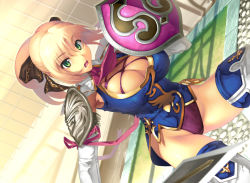 Rule 34 | 1girl, blonde hair, breasts, cassandra alexandra, cleavage, elbow gloves, gloves, green eyes, large breasts, long hair, necktie, pink necktie, ponytail, shield, solo, soul calibur, soulcalibur, soulcalibur iv, sword, thighhighs, weapon, yn red