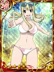 Rule 34 | 1girl, alternate hairstyle, armpits, barefoot, bikini, blonde hair, breasts, brown eyes, card (medium), cleavage, clenched hand, collarbone, curvy, english text, eyelashes, eyewear on head, facing viewer, fairy tail, female focus, fingernails, flower print, front-tie bikini top, front-tie top, gluteal fold, hair between eyes, happy, large breasts, legs, long hair, looking at viewer, low twintails, lucy heartfilia, midriff, multicolored background, navel, neck, official art, open mouth, outstretched arms, outstretched hand, print bikini, shiny skin, shiny swimsuit, side-tie bikini bottom, side bangs, sidelocks, smile, sparkle background, spread arms, standing, standing on one leg, sunglasses, sunglasses on head, swimsuit, thighs, twintails, v, white bikini