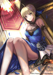 Rule 34 | 10s, 1girl, ahoge, alternate costume, arm support, artoria pendragon (all), artoria pendragon (fate), bare shoulders, blonde hair, blue dress, blue ribbon, blush, braid, breasts, dress, excalibur (fate/stay night), fate/extella, fate/extra, fate/grand order, fate/stay night, fate (series), hair ribbon, highres, knees up, looking at viewer, medium breasts, negister, parted lips, ribbon, saber (fate), short hair, sitting, solo, strapless, strapless dress, yellow eyes