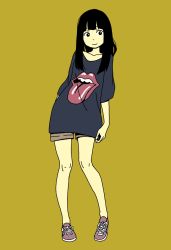Rule 34 | 1girl, arm behind back, black eyes, black hair, collarbone, highres, hosoo, lips, logo, long hair, shoes, shorts, simple background, smile, sneakers, solo, teeth, the rolling stones, tongue, yellow background
