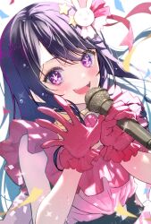 Rule 34 | 1girl, :d, absurdres, belt, black belt, blush, brooch, commentary, confetti, dress, film grain, frilled dress, frilled gloves, frills, gloves, hair between eyes, hair ornament, hair ribbon, heart, heart brooch, highres, holding, holding microphone, hoshino ai (oshi no ko), idol, idol clothes, jewelry, long hair, looking at viewer, microphone, misty cj, open mouth, oshi no ko, parted bangs, pink dress, pink eyes, pink gloves, pink ribbon, purple hair, rabbit hair ornament, ribbon, sidelocks, smile, solo, sparkle, star-shaped pupils, star (symbol), star hair ornament, sweat, swept bangs, symbol-shaped pupils, teeth, turtleneck, turtleneck dress, upper body, waving, white background