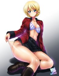Rule 34 | 1girl, black skirt, blonde hair, blue eyes, blush, bow, bow bra, bra, braid, breasts, cleavage, collarbone, darjeeling (girls und panzer), dated, french braid, girls und panzer, gradient background, grey background, hair between eyes, jacket, kamogawa tanuki, lace, lace-trimmed bra, lace trim, large breasts, long sleeves, looking at viewer, military jacket, navel, open clothes, open jacket, pantyhose, pantyhose tug, pleated skirt, red jacket, see-through, see-through legwear, shiny clothes, short hair, signature, sitting, skirt, smile, solo, st. gloriana&#039;s military uniform, thighs, unbuttoned, underwear, white background, white bra