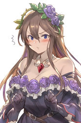 Rule 34 | 1girl, bare shoulders, belt, blush, breasts, brown belt, brown hair, cleavage, clenched hand, closed mouth, commentary request, dress, flower, gem, gloves, granblue fantasy, grey dress, grey gloves, hair between eyes, hair flower, hair ornament, jewelry, kakage, large breasts, long hair, looking at viewer, necklace, off-shoulder dress, off shoulder, purple eyes, purple flower, purple rose, red gemstone, rose, rosetta (granblue fantasy), sidelocks, simple background, solo, sulking, upper body, very long hair, white background