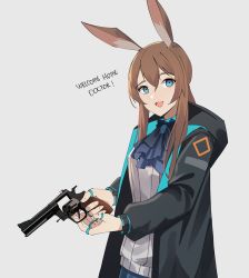 Rule 34 | 1girl, :d, absurdres, amiya (arknights), animal ears, arknights, ascot, black coat, blue ascot, blue eyes, blue skirt, brown hair, coat, commentary, english commentary, english text, false smile, gar32, grey background, gun, handgun, highres, holding, holding gun, holding weapon, hood, hood down, hooded coat, jewelry, long hair, multiple rings, open clothes, open coat, open mouth, rabbit ears, rabbit girl, revolver, ring, shirt, sidelocks, simple background, skirt, smile, solo, thumb ring, upper body, weapon, white shirt