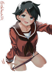 Rule 34 | 1girl, ahoge, artist name, bare legs, black hair, blush, buruma, buruma pull, clothes pull, collarbone, commentary request, ebifurya, eyebrows, grey eyes, hands on thighs, head tilt, highres, kantai collection, long sleeves, looking at viewer, male underwear, male underwear pull, midriff peek, mogami (kancolle), open mouth, panties, panty pull, red buruma, red panties, red shirt, school uniform, serafuku, shirt, short hair, simple background, smile, solo, thighs, twitter username, underwear, undressing, white background