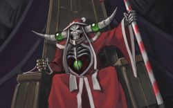 Rule 34 | 1boy, ainz ooal gown, candy, candy cane, christmas, clenched hands, food, hat, jewelry, male focus, orb, overlord (maruyama), paintrfiend, ribs, ring, santa costume, santa hat, sitting, skeleton, skull, solo, throne