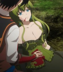 Rule 34 | 1boy, 1girl, anastasia (isekai cheat magician), bare shoulders, blood, blue eyes, breasts, cleavage, dress, earrings, frilled dress, frills, green dress, green hair, highres, isekai cheat magician, jewelry, large breasts, long hair, screencap, skirt, spoilers, stitched, tagme, third-party edit