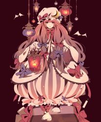 Rule 34 | 1girl, bad id, bad twitter id, bat (animal), book, bookmark, bow, brown background, crescent, dress, full body, hair bow, hat, hat bow, holding, holding book, lantern, long hair, maroon background, mob cap, patchouli knowledge, shoes, simple background, solo, stairs, touhou, very long hair, yu (yzko)