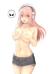 Rule 34 | 1girl, :o, blush, breast hold, breasts, cleavage, collarbone, covering privates, covering breasts, covering nipples, female focus, headphones, highres, large breasts, long hair, looking at viewer, navel, nitroplus, no bra, open mouth, pink eyes, pink hair, shorts, solo, stomach, super sonico, topless, yashichii