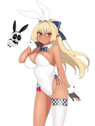 Rule 34 | 1girl, animal ears, bare shoulders, black gloves, black ribbon, blonde hair, blue bow, blue bowtie, blue ribbon, bow, bowtie, breasts, cleavage, closed mouth, crossed bangs, dark-skinned female, dark elf, dark skin, detached collar, elf, eyes visible through hair, fake animal ears, gloves, groin, hair between eyes, hair intakes, hair ribbon, hand up, highleg, highleg leotard, highres, hololive, kintsuba (shiranui flare), large breasts, leotard, long hair, multicolored hair, okunin, orange eyes, partially fingerless gloves, playboy bunny, pointy ears, ponytail, rabbit ears, rabbit tail, ribbon, shiranui flare, shiranui flare (old design), simple background, skindentation, smile, solo, standing, strapless, strapless leotard, streaked hair, tail, thighs, two-tone hair, very long hair, virtual youtuber, white background, white hair, white legwear, wrist cuffs