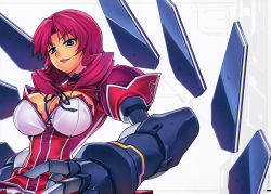Rule 34 | 1girl, absurdres, blush, bow, breasts, character name, cleavage, cleavage cutout, clothing cutout, dress, female focus, freezing (series), gauntlets, highres, huge filesize, kim kwang hyun, large breasts, lipstick, looking at viewer, makeup, no bra, official art, pink hair, puffy short sleeves, puffy sleeves, red hair, roxanne elipton, scan, school uniform, shirt, short hair, short sleeves, skirt, solo