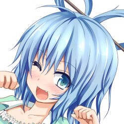 Rule 34 | 1girl, ;d, blue eyes, blue hair, clenched hands, collarbone, commentary request, fang, gin&#039;you haru, hair ornament, hair rings, hair stick, kaku seiga, looking at viewer, one eye closed, open mouth, portrait, profile picture, simple background, smile, solo, touhou, upper body, white background