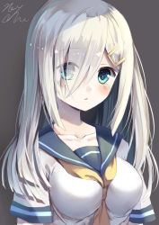 Rule 34 | 10s, 1girl, alternate hair length, alternate hairstyle, artist name, bad id, bad pixiv id, between breasts, black background, blue eyes, blush, breasts, collarbone, eyes visible through hair, grey background, hair ornament, hair over one eye, hairclip, hamakaze (kancolle), highres, kantai collection, long hair, looking at viewer, medium breasts, neckerchief, okotoburi, open mouth, parted lips, school uniform, serafuku, short sleeves, signature, silver hair, simple background, solo, upper body, yellow neckerchief