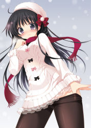 Rule 34 | 1girl, aran sweater, bad id, bad pixiv id, black eyes, black hair, black pantyhose, blush, bow, breath, cable knit, clothes pull, cowboy shot, dress, fringe trim, hair bow, hat, long hair, original, pan (mimi), pantyhose, pantyhose pull, plaid, pom pom (clothes), pulling own clothes, red scarf, scarf, smile, snow, snowing, solo, sweater, sweater dress