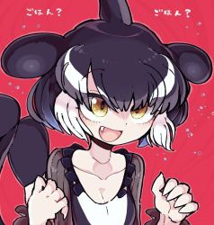Rule 34 | 1girl, air bubble, black hair, blue hair, breasts, brown eyes, bubble, cleavage, collarbone, dress, fangs, fingernails, fins, frilled dress, frills, hands up, head fins, kanmoku-san, kemono friends, long sleeves, looking to the side, multicolored hair, open mouth, orca (kemono friends), parted bangs, sharp fingernails, short hair, smile, solo, translation request, upper body, white hair
