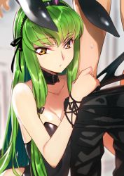 Rule 34 | 1girl, animal ears, blush, breasts, rabbit ears, c.c., choker, cleavage, code geass, collarbone, creayus, fake animal ears, green hair, leotard, long hair, out of frame, parted lips, playboy bunny, solo focus, sweat, yellow eyes