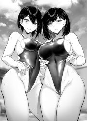 Rule 34 | 2girls, bare arms, bare shoulders, breasts, closed mouth, clothes lift, cloud, commentary request, competition swimsuit, contrapposto, covered navel, cowboy shot, curvy, day, female focus, from below, frontal wedgie, gentsuki, greyscale, groin, highleg, highleg swimsuit, highres, hip bones, large breasts, lifted by self, looking at viewer, looking down, medium breasts, monochrome, multiple girls, one-piece swimsuit, original, outdoors, partially visible vulva, shiny skin, short hair, sideboob, skin tight, skindentation, sky, smile, sweat, swimsuit, swimsuit lift, wedgie, wide hips