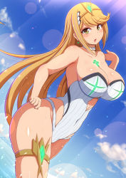 Rule 34 | 1girl, bare arms, bare shoulders, blonde hair, blue sky, blush, breasts, choker, cleavage, day, earrings, highres, jewelry, large breasts, long hair, midriff, mythra (radiant beach) (xenoblade), mythra (xenoblade), nintendo, one-piece swimsuit, open mouth, outdoors, ponponmaru, skindentation, sky, solo, straight hair, strapless, strapless one-piece swimsuit, swimsuit, thigh strap, thighs, tiara, v-shaped eyebrows, very long hair, white choker, white one-piece swimsuit, xenoblade chronicles (series), xenoblade chronicles 2, yellow eyes