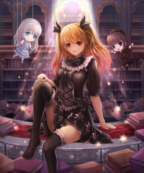 Rule 34 | 1girl, bad id, bad pixiv id, black dress, black thighhighs, blue eyes, book, book stack, bookshelf, bow, brown hair, desk, drawer, dress, frills, hair bow, hairband, hand on own knee, highres, indoors, library, light, light brown hair, lolita fashion, looking at viewer, lunacle, marionette, on desk, open mouth, original, puppet, red eyes, sitting, smile, sparkle, thighhighs