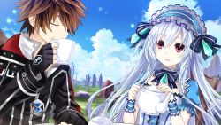 Rule 34 | 1boy, 1girl, bow, breasts, brown hair, cup, closed eyes, fairy fencer f, fang (fairy fencer f), frills, game cg, hairband, lolita fashion, lolita hairband, long hair, official art, red eyes, ribbon, drinking, smile, tiara (fairy fencer f), tsunako, white hair
